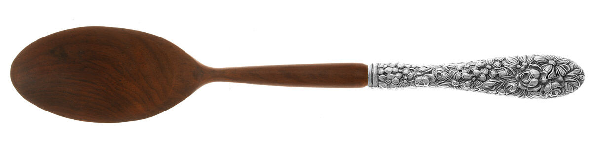 Stieff Rose (Sterling, 1892, No Monograms) Salad Serving Spoon with Wooden Bowl HC by Kirk Stieff-1
