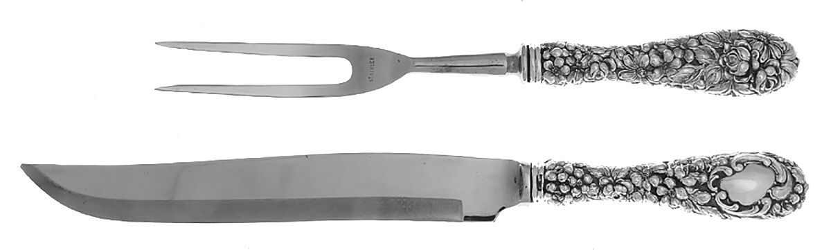 Stieff Rose (Sterling, 1892, No Monograms) 2 Pc Game Carving Set,Stnl Blade,Full Repousse by Kirk Stieff-1