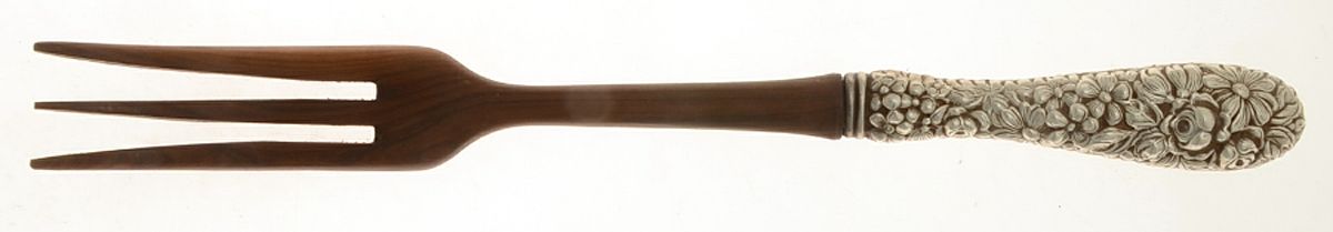 Stieff Rose (Sterling, 1892, No Monograms) Salad Serving Fork w/Wooden Prongs&Full Repousse by Kirk Stieff-1