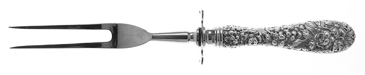 Stieff Rose (Sterling, 1892, No Monograms) Large Full Repousse Steak Carving Fork,Stnls Blade by Kirk Stieff-1