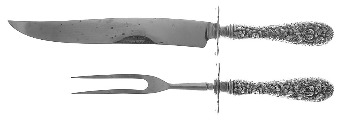 Stieff Rose (Sterling, 1892, No Monograms) 2 Pc Large Carving Set,Sterling Guard,Full Repouss by Kirk Stieff-1