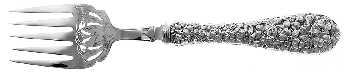 Stieff Rose (Sterling, 1892, No Monograms) Hollow Handle Fish Serving Fork, Silverplate Tines by Kirk Stieff-1