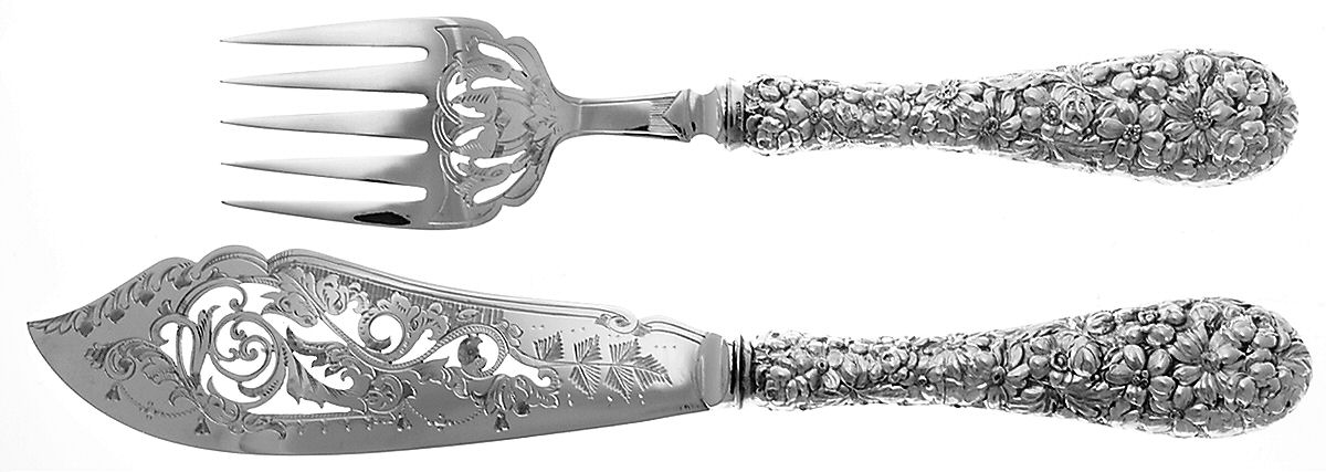 Stieff Rose (Sterling, 1892, No Monograms) Hollow Handle Fish Serving Set, Silverplate Blade by Kirk Stieff-1