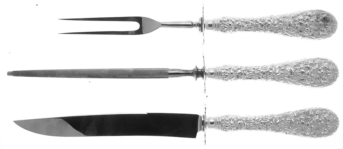 Stieff Rose (Sterling, 1892, No Monograms) Large 3-Piece Roast Carving Set w/ Stainless Blade by Kirk Stieff-1
