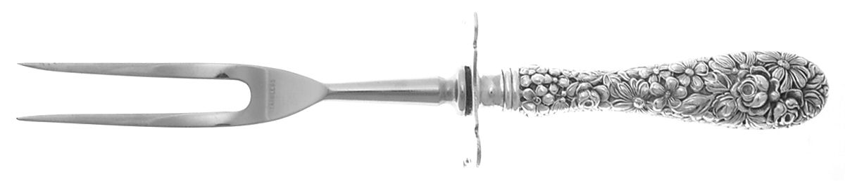 Stieff Rose (Sterling, 1892, No Monograms) Small Carving Fork W/Sterling Guard,Full Repousse by Kirk Stieff-1
