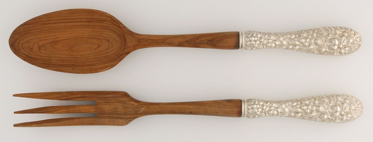 Stieff Rose (Sterling, 1892, No Monograms) Wooden Bowl 2 Piece Salad Set-Full Repousse by Kirk Stieff-1