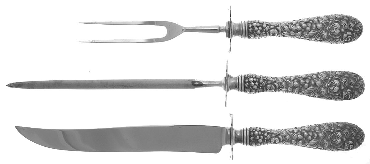 Stieff Rose (Sterling, 1892, No Monograms) 3 Pc Large Carving Set,Sterling Guard,Full Repouss by Kirk Stieff-1
