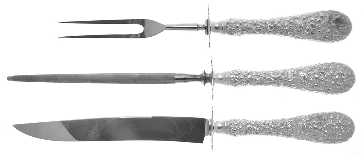 Stieff Rose (Sterling, 1892, No Monograms) 3 Pc Large Carving Set,Sterling Guard,Full Repouss by Kirk Stieff-1