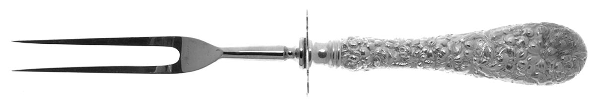 Stieff Rose (Sterling, 1892, No Monograms) Large Carving Fork W/Sterling Guard,Full Repousse by Kirk Stieff-1