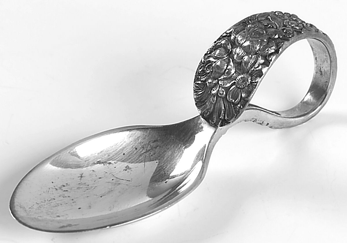 Stieff Rose (Sterling, 1892, No Monograms) Curved Handle Baby Spoon by Kirk Stieff-1