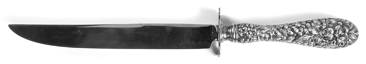 Stieff Rose (Sterling, 1892, No Monograms) Large Full Repousse Steak Carving Knife,StnlsBlade by Kirk Stieff-1