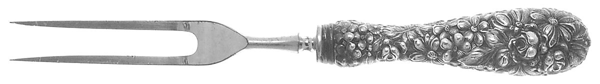 Stieff Rose (Sterling, 1892, No Monograms) Small Full Repousse Steak Carving Fork,Stnls Blade by Kirk Stieff-1
