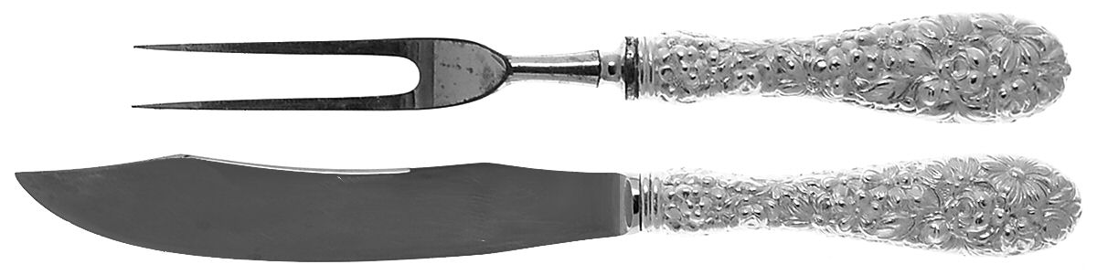 Stieff Rose (Sterling, 1892, No Monograms) 2 Pc Game Carving Set,Stnl Blade,Full Repousse by Kirk Stieff-1