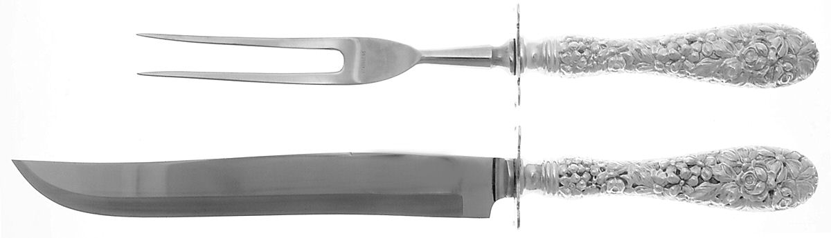 Stieff Rose (Sterling, 1892, No Monograms) 2 Pc Large Carving Set,Sterling Guard,Full Repouss by Kirk Stieff-1