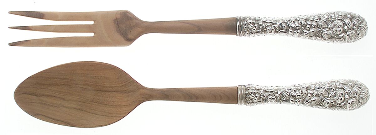 Stieff Rose (Sterling, 1892, No Monograms) Wooden Bowl 2 Piece Salad Set-Full Repousse by Kirk Stieff-1