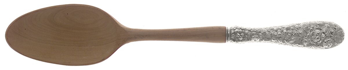 Stieff Rose (Sterling, 1892, No Monograms) Salad Serving Spoon w/Wooden Prongs&Full Repousse by Kirk Stieff-1