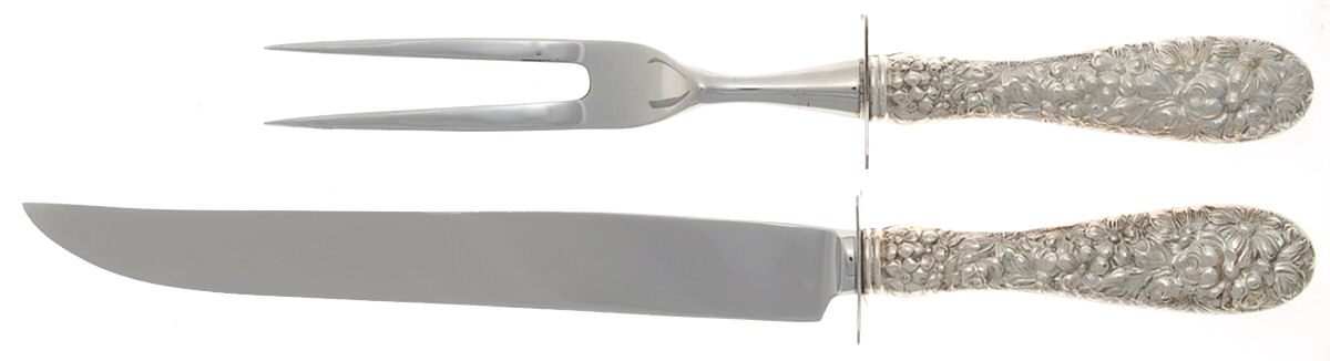 Stieff Rose (Sterling, 1892, No Monograms) 2 Pc Small Full Repousse Steak Carving Set,StnlBld by Kirk Stieff-1