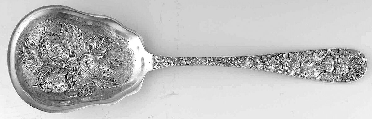 Stieff Rose (Sterling, 1892, No Monograms) Large Chased Berry Spoon-3 Berries by Kirk Stieff-1