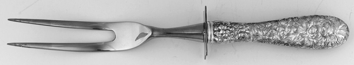 Stieff Rose (Sterling, 1892, No Monograms) Small Full Repousse Steak Carving Fork,Stnls Blade by Kirk Stieff-1