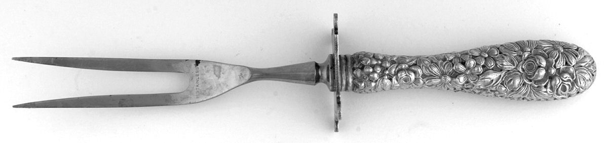 Stieff Rose (Sterling, 1892, No Monograms) Small Carving Fork W/Sterling Guard,Full Repousse by Kirk Stieff-1