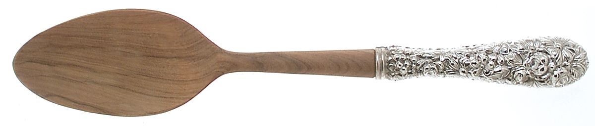 Stieff Rose (Sterling, 1892, No Monograms) Salad Serving Spoon w/Wooden Prongs&Full Repousse by Kirk Stieff-1