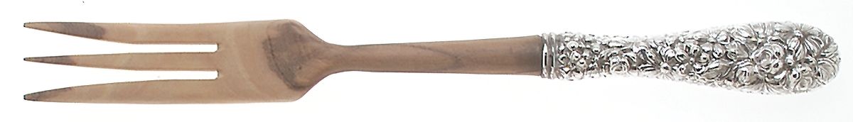 Stieff Rose (Sterling, 1892, No Monograms) Salad Serving Fork w/Wooden Prongs&Full Repousse by Kirk Stieff-1