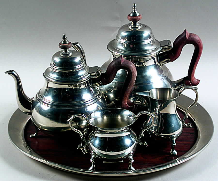 Williamsburg (Pewter, Hollowware) 5 Piece Tea Set (with Tray) by Kirk Stieff-1