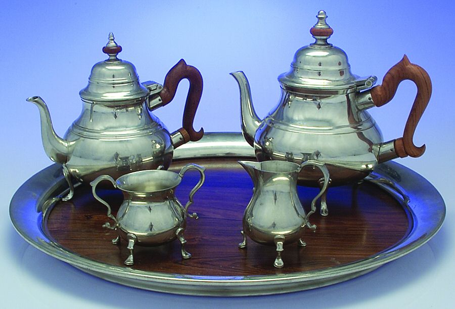 Williamsburg (Pewter, Hollowware) 5 Piece Tea Set (with Tray) by Kirk Stieff-1