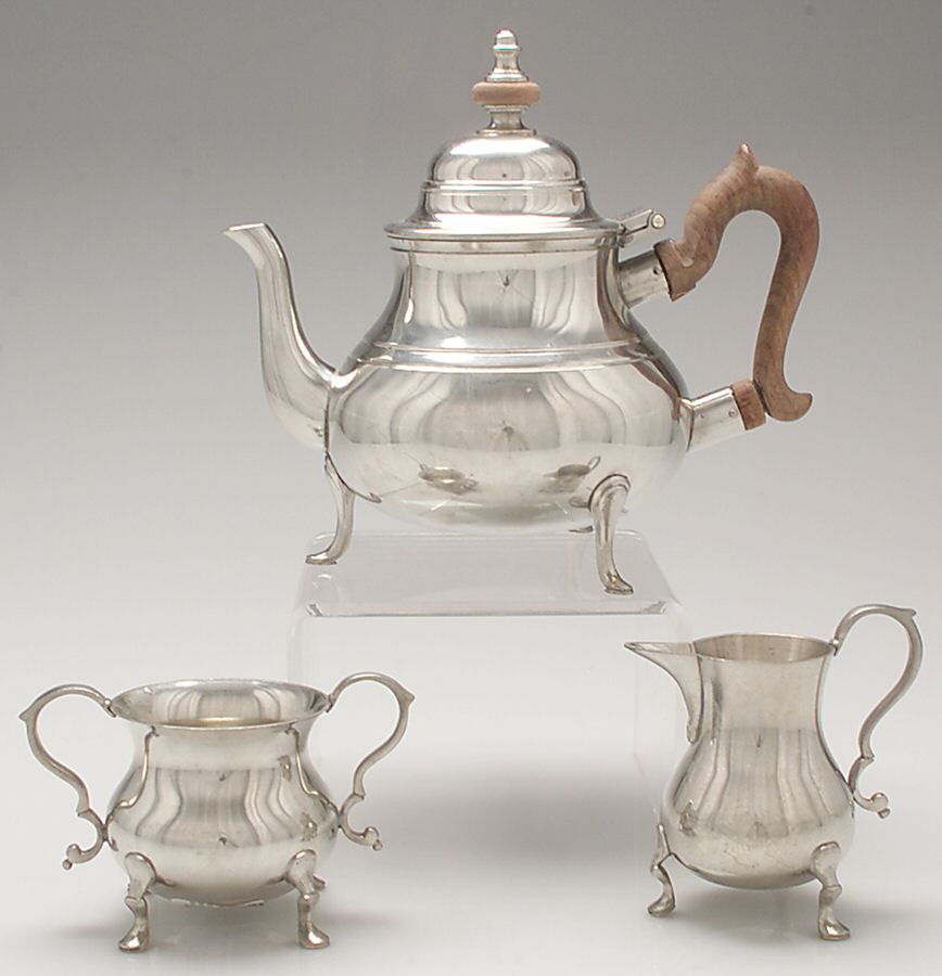 Williamsburg (Pewter, Hollowware) 3 Pc Tea Set (CPBRH, SUO, CR) by Kirk Stieff-1