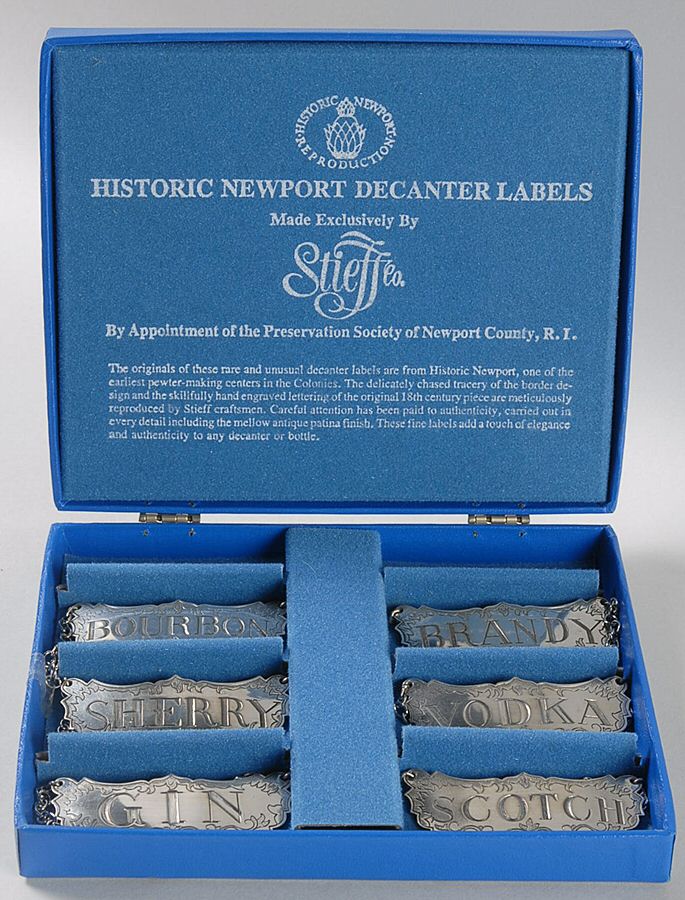 Historic Newport (Pewter, Hollowware) Decanter Label - Set of 6 & Case by Kirk Stieff-1