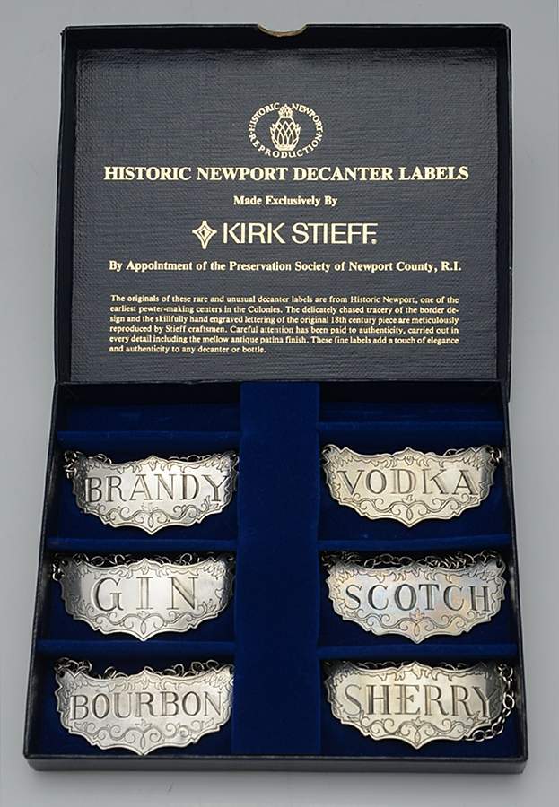Historic Newport (Pewter, Hollowware) Decanter Label - Set of 6 & Case by Kirk Stieff-1