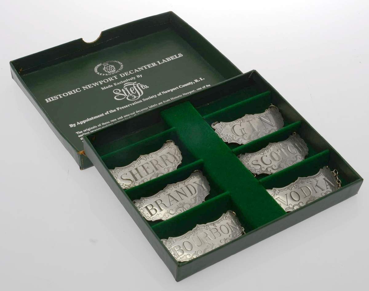 Historic Newport (Pewter, Hollowware) Decanter Label - Set of 6 & Case by Kirk Stieff-1