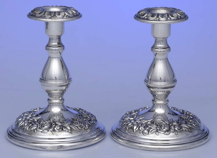 Repousse-Full Chased-Hand Chased Pair of Weighted Candleholders by Kirk Stieff-1