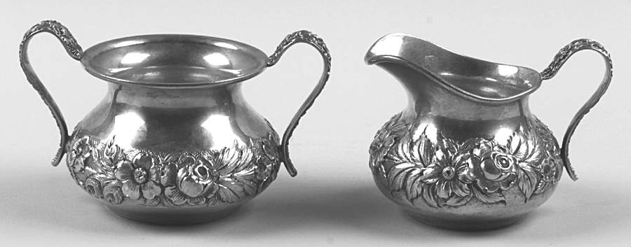Repousse-Full Chased-Hand Chased Mini Creamer and Open Sugar Set by Kirk Stieff-1