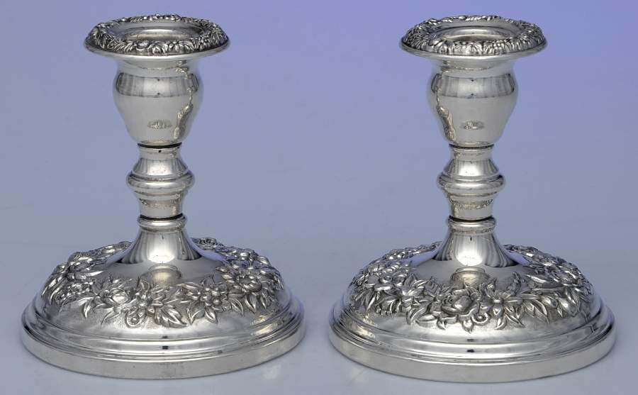 Repousse-Full Chased-Hand Chased Pair of Weighted Candleholders by Kirk Stieff-1