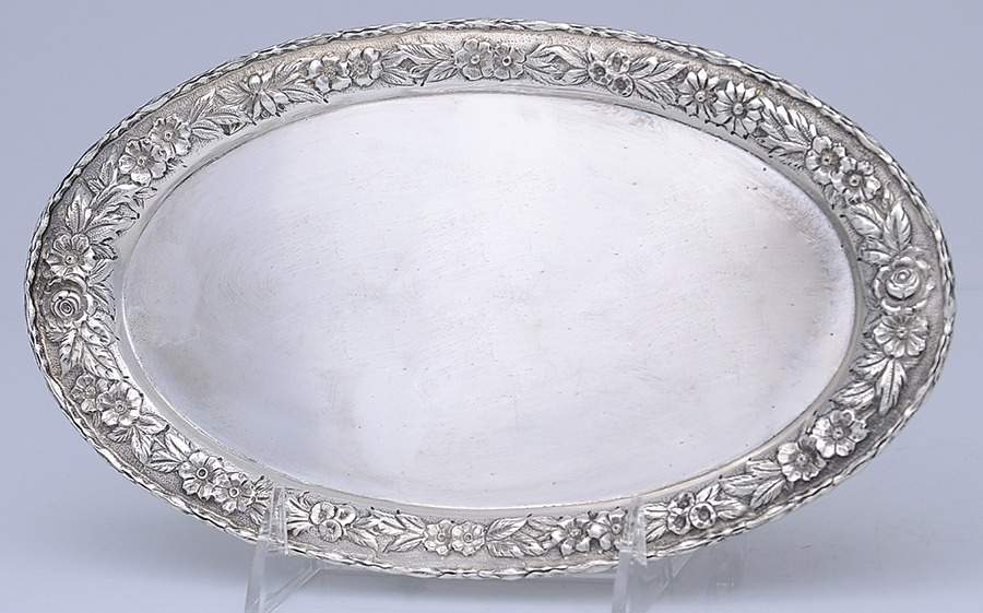 Repousse-Partial Chased (Strlg, Hlwr) Tray for Sterling Creamer & Sugar Set by Kirk Stieff-1
