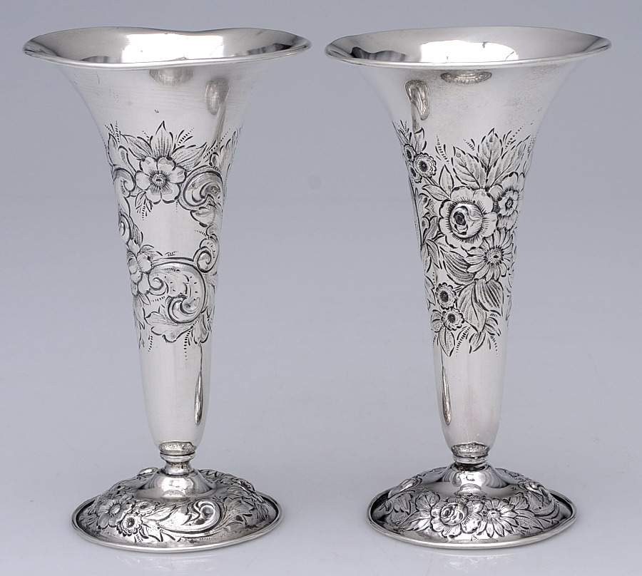 Repousse-Full Chased-Hand Chased Pair of 5" Vases by Kirk Stieff-1