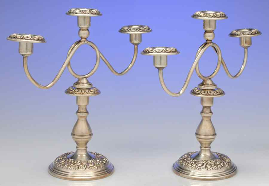 Repousse-Full Chased-Hand Chased Pair of Weighted 3 Light Candelabra by Kirk Stieff-1