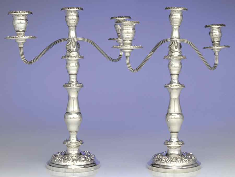 Repousse-Full Chased-Hand Chased Pair of Weighted 3 Light Candelabra by Kirk Stieff-1