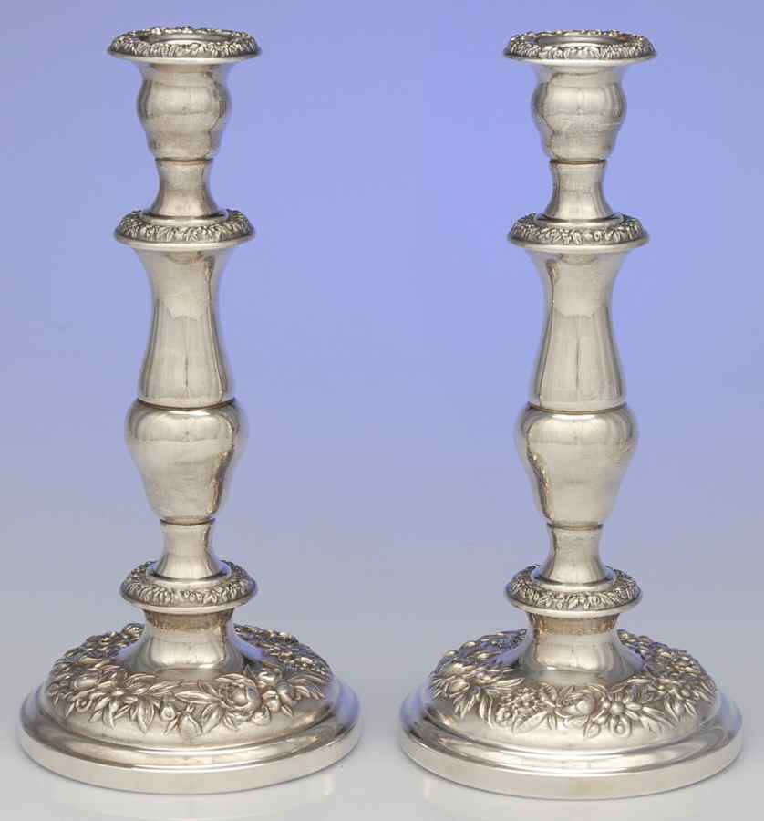 Repousse-Full Chased-Hand Chased Pair of 10" Weighted Candlesticks by Kirk Stieff-1