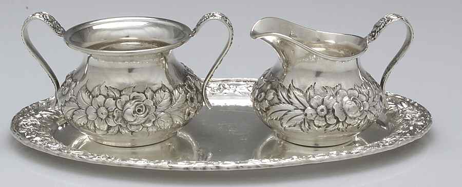 Repousse-Partial Chased (Strlg, Hlwr) Mini Creamer, Sugar and Tray by Kirk Stieff-1