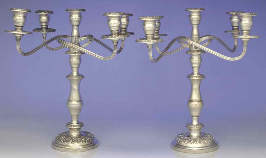 Repousse-Full Chased-Hand Chased Pair of Weighted 5 Light Candelabra by Kirk Stieff-1