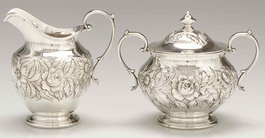 Repousse-Partial Chased (Strlg, Hlwr) Creamer & Sugar Bowl with Lid Set by Kirk Stieff-1