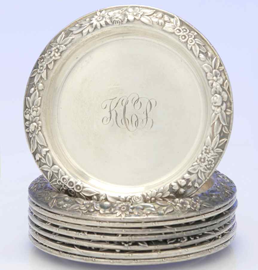 Repousse-Full Chased-Hand Chased Coaster Set-8 Coasters by Kirk Stieff-1