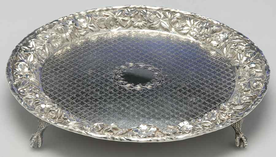 Repousse-Full Chased-Hand Chased 8" 4 Toed Round Salver by Kirk Stieff-1