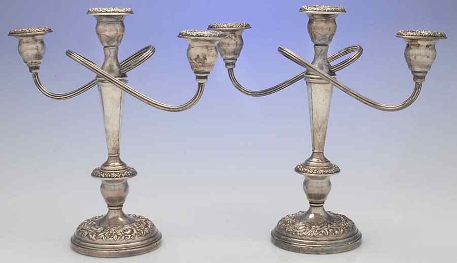 Repousse-Full Chased-Hand Chased Pair of Weighted 3 Light Candelabra by Kirk Stieff-1