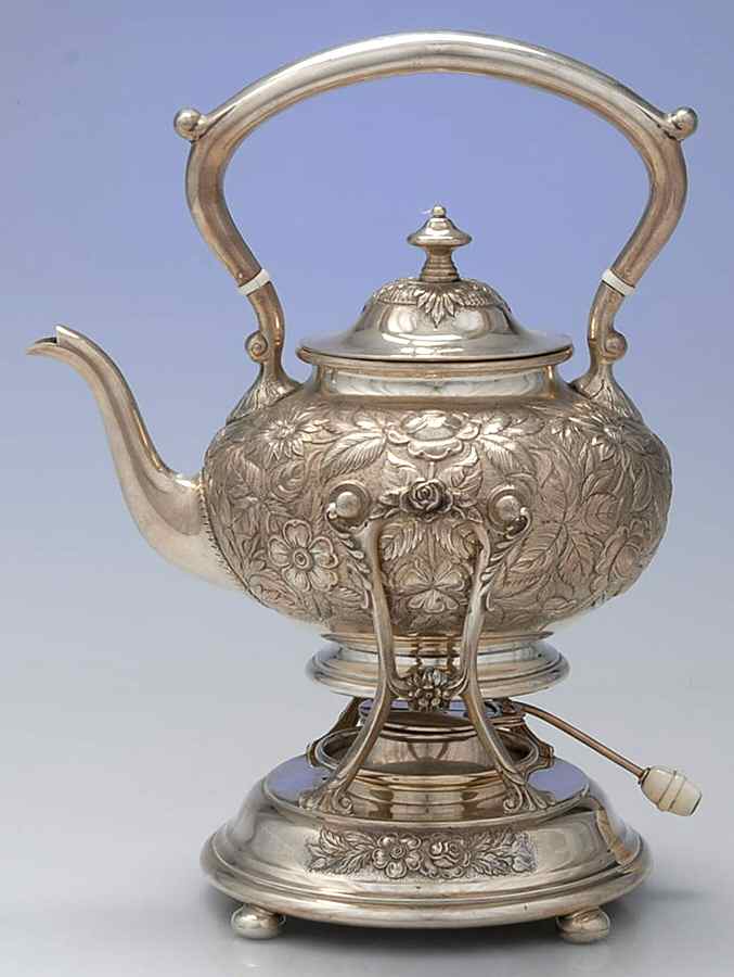 Repousse-Partial Chased (Strlg, Hlwr) Kettle, Stand & Burner by Kirk Stieff-1