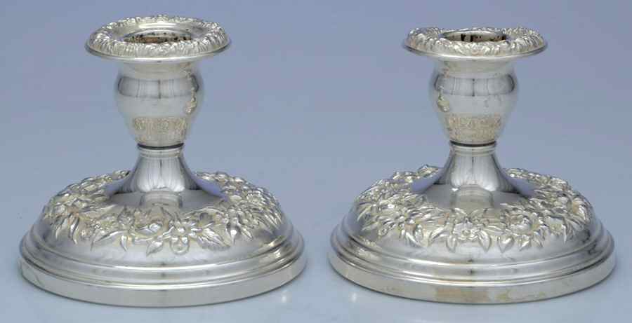 Repousse-Full Chased-Hand Chased Pair of Weighted Candleholders by Kirk Stieff-1