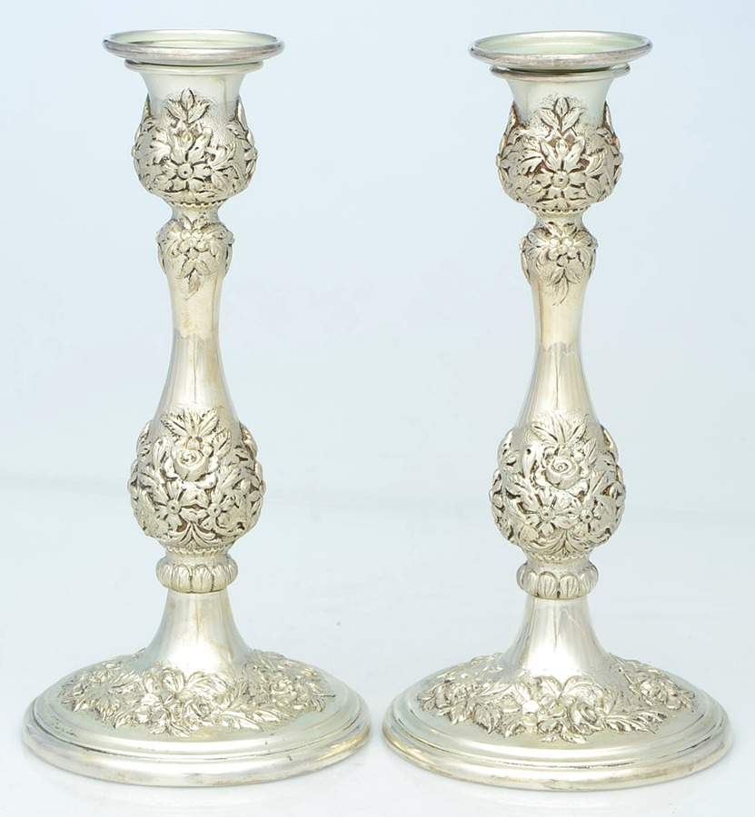 Repousse-Full Chased-Hand Chased Pair of Weighted Candlesticks by Kirk Stieff-1