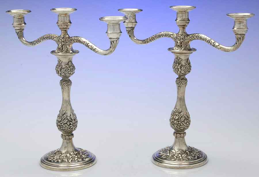 Repousse-Full Chased-Hand Chased Pair of Weighted 3 Light Candelabra by Kirk Stieff-1